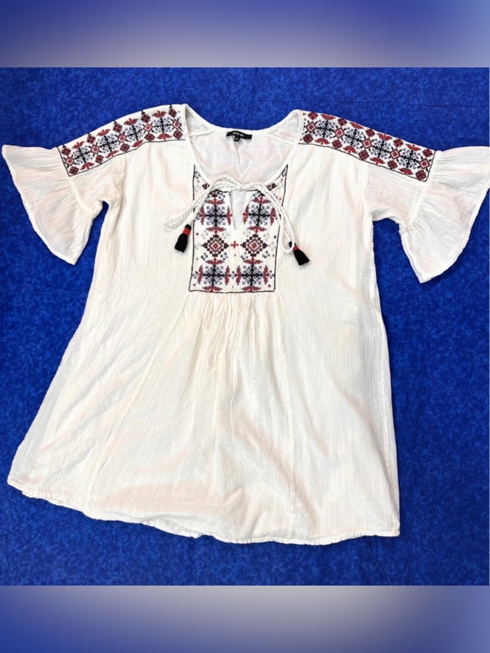 Miss Me Off White Embroidered Tunic Tassel Tie Size L Cotton